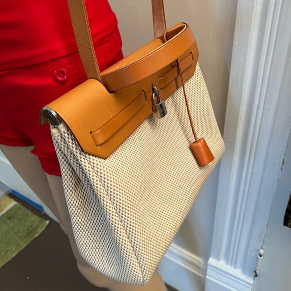 Authentic Hermès Her-bag 2 in 1 leather tote canvas shoulder - Picture 2 of 7